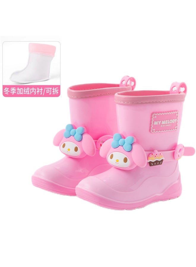 Sanrio Children's Cartoon Rain Boots With Buckle, Cute Kindergarten Rain Shoes, Non-slip Water Shoes, Drawstring Fleece-lined Water Boots