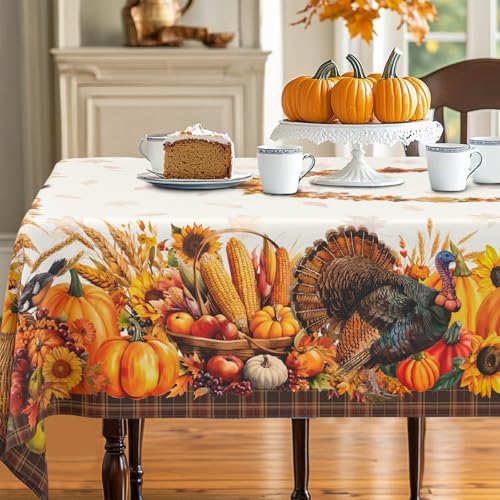 yrhsnclsdg Thanksgiving Tablecloth Fall Tablecloth Rectangular 60x84 Inch Autumn Harvest Turkey Pumpkin Table Cover Waterproof for Fall Thanksgiving Dinning Table Decorations - Image 1