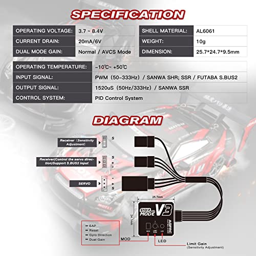 AGFRC Dual-Gain Drift RC Gyro - Tuned Rated Gyros with Aluminum Case for RC Car Truck Boat (GY01 V3) - Image 2