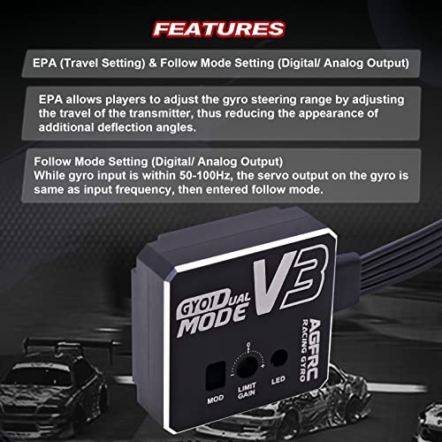 AGFRC Dual-Gain Drift RC Gyro - Tuned Rated Gyros with Aluminum Case for RC Car Truck Boat (GY01 V3) - Image 4