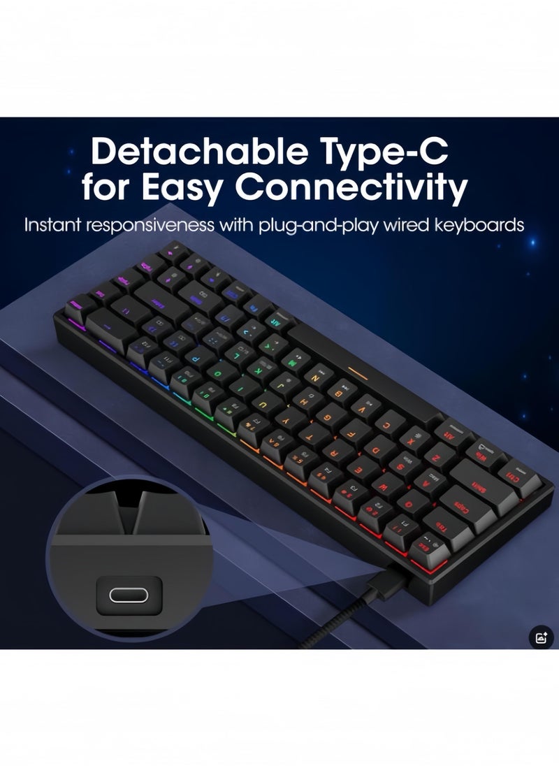 MK005PRO Portable 60% Mechanical Gaming Keyboard, LED Backlit Compact 68 Keys Mini Wired Gaming Keyboard