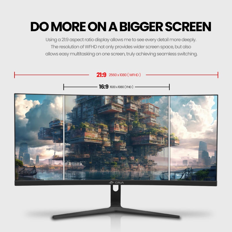 CRUA 30Inch Ultrawide Curved Monitor, 21:9 FHD(2560x1080P) VA Computer Monitor, 120% sRGB 100HZ 1500R PC Monitors Support FreeSync, Wall-Mounted, with HDMI/DP Display Port-Black - Image 3
