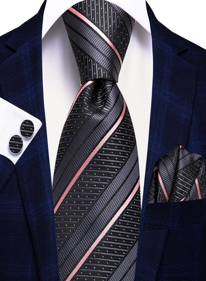 Hi-Tie Silk Ties Set for Men Grey Pink Plaid Paisley Striped Mens Necktie Pocket Square Cufflinks Set Formal Wedding Party - Image 3