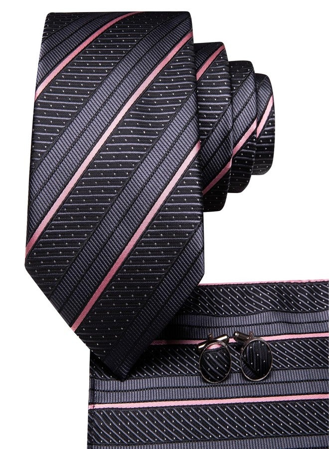 Hi-Tie Silk Ties Set for Men Grey Pink Plaid Paisley Striped Mens Necktie Pocket Square Cufflinks Set Formal Wedding Party - Image 2