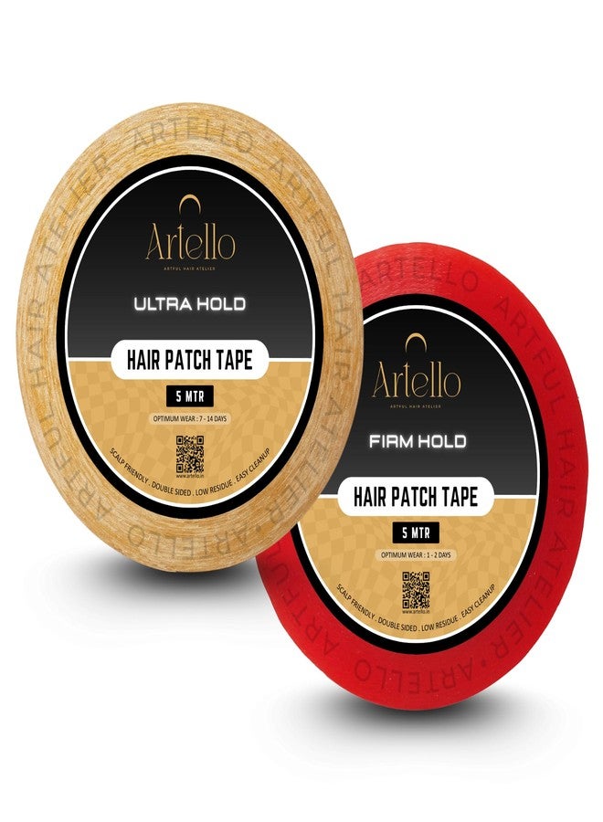 Artello® ULTRA HOLD and FIRM HOLD Hair Wig Tape Combo, Double-Sided Adhesive for Hair Patch Fixing (Yellow: 1 Inch x 5 Meters) & Transparent Tapes for Base Protection (Red: 1 Inch x 5 Meter) - Image 1