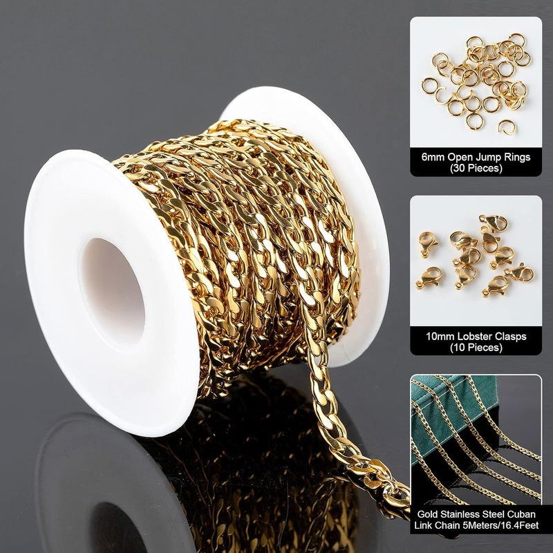 UMAOKANG 16.4 Feet Stainless Steel Gold Cuban Chains 5mm Twisted Links Chain Spool Necklace Chain Bulk with Open Jump Rings Lobster Clasps for Women DLY Bracelet Jewelry Making - Image 2
