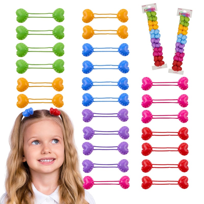 Expressions 24 pc Heart Ball Ponytail Holders Bright Colorful Double Bead Hair Ties for Girls and Toddlers NoDamage Elastic Hair Bands for Pigtails and Braids - Image 3