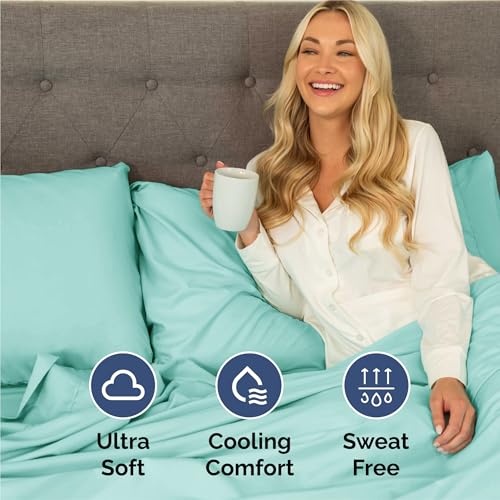 CGK Unlimited Queen Sheets Set 6 Piece - Includes 4 Pillowcases - Bed Sheets Queen Size - Soft Hotel Luxury Bedding - Cooling, Comfy, Cozy & Breathable - 1 Flat, 1 Fitted & 4 Pillowcases w/ Deep Pockets - Spa Blue - Image 4