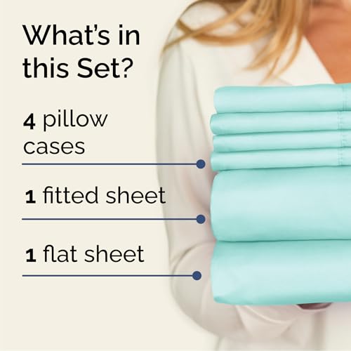 CGK Unlimited Queen Sheets Set 6 Piece - Includes 4 Pillowcases - Bed Sheets Queen Size - Soft Hotel Luxury Bedding - Cooling, Comfy, Cozy & Breathable - 1 Flat, 1 Fitted & 4 Pillowcases w/ Deep Pockets - Spa Blue - Image 2