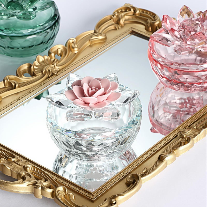 Dounx Crystal Jewelry Box for Women, Small Glass Trinket Jar with Lid, Clear Lotus Flower Storage Holder Elegant Organizer Dish for Ring, Earrings, Necklace, Gift (Pink Flower) - Image 4