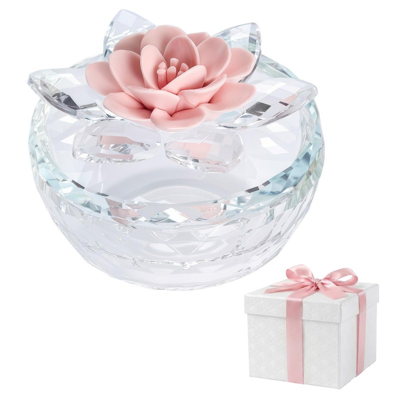 Dounx Crystal Jewelry Box for Women, Small Glass Trinket Jar with Lid, Clear Lotus Flower Storage Holder Elegant Organizer Dish for Ring, Earrings, Necklace, Gift (Pink Flower) - Image 1