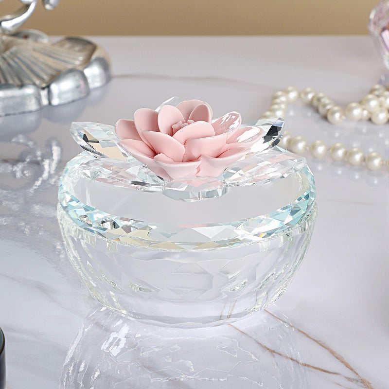 Dounx Crystal Jewelry Box for Women, Small Glass Trinket Jar with Lid, Clear Lotus Flower Storage Holder Elegant Organizer Dish for Ring, Earrings, Necklace, Gift (Pink Flower) - Image 3
