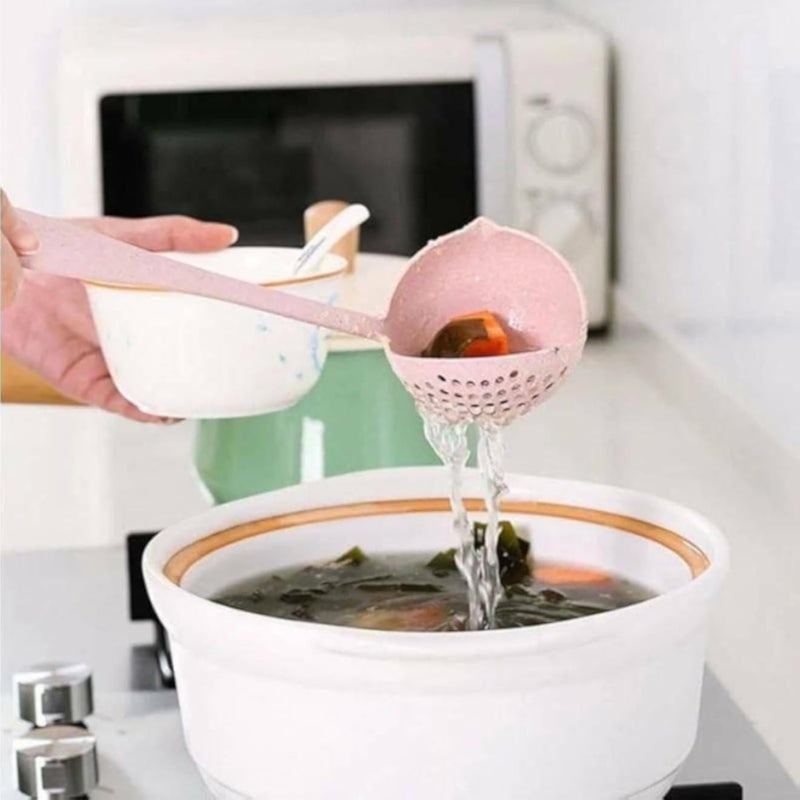 2-in-1 Kitchen Soup Ladle with Strainer, Pink and White