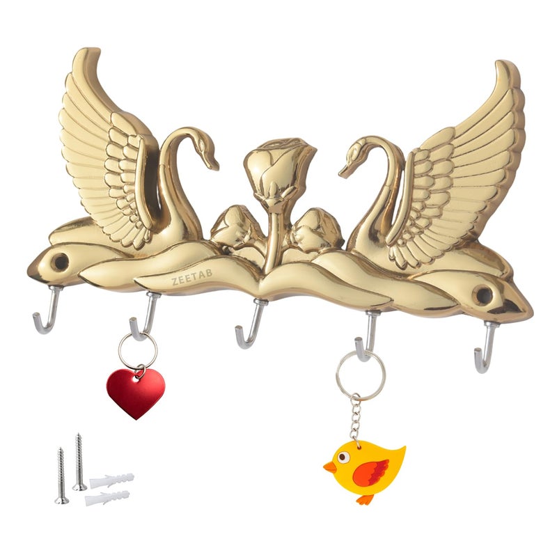 Zeetab Swan Key Holder Stand Handicraft Metal Love Bird Key Hanger Wall Mount Home Decor Gift Golden