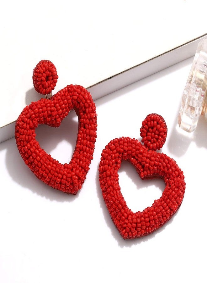 CEALXHENY Beaded Drop Earrings Handmade Seed Bead Heart Hoop Dangle Earrings Bohemia Statement Earring Studs for Women (Red) - Image 5