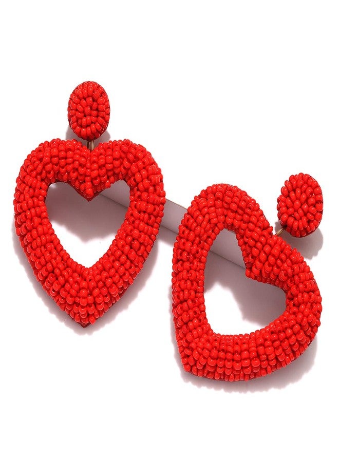 CEALXHENY Beaded Drop Earrings Handmade Seed Bead Heart Hoop Dangle Earrings Bohemia Statement Earring Studs for Women (Red) - Image 1