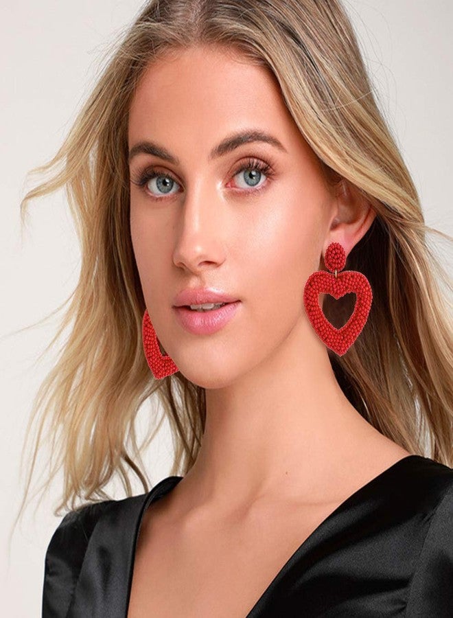 CEALXHENY Beaded Drop Earrings Handmade Seed Bead Heart Hoop Dangle Earrings Bohemia Statement Earring Studs for Women (Red) - Image 2