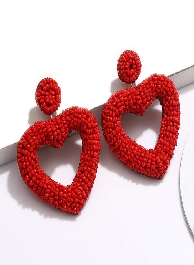 CEALXHENY Beaded Drop Earrings Handmade Seed Bead Heart Hoop Dangle Earrings Bohemia Statement Earring Studs for Women (Red) - Image 4