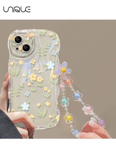 Compatible with iPhone 15 Cases, Yellow and Blue Flower Pattern Phone Cases, Transparent Phone Cases - Sleek and Minimalist Phone Cases - TPU Drop Protection - With Lanyard