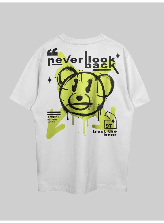 THREADCURRY تي شيرت THREADCURRY Never Look Back مطبوع عليه عبارة "T-Shirt" قطني فضفاض بكتف منسدلة للرجال  - Image 1