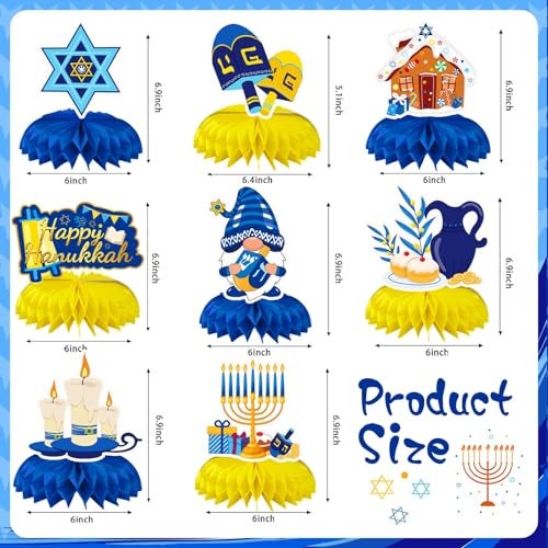 JULMELON 8PCS Hanukkah Table Decorations Honeycomb Centerpiece Chanukah Decor Dreidel Menorah Table Toppers Happy Hanukkah Decorations for Home Party Favors Supplies - Image 5