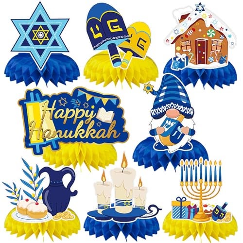 JULMELON 8PCS Hanukkah Table Decorations Honeycomb Centerpiece Chanukah Decor Dreidel Menorah Table Toppers Happy Hanukkah Decorations for Home Party Favors Supplies - Image 1