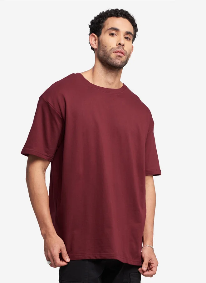 The Souled Store Men Maroon Solid Cotton Oversized Fit T-Shirt