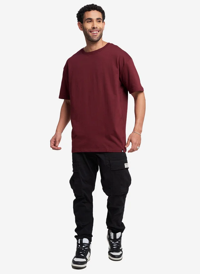 The Souled Store  The Souled Store Men Maroon Solid Cotton Oversized Fit T-Shirt  | Best Price UAE