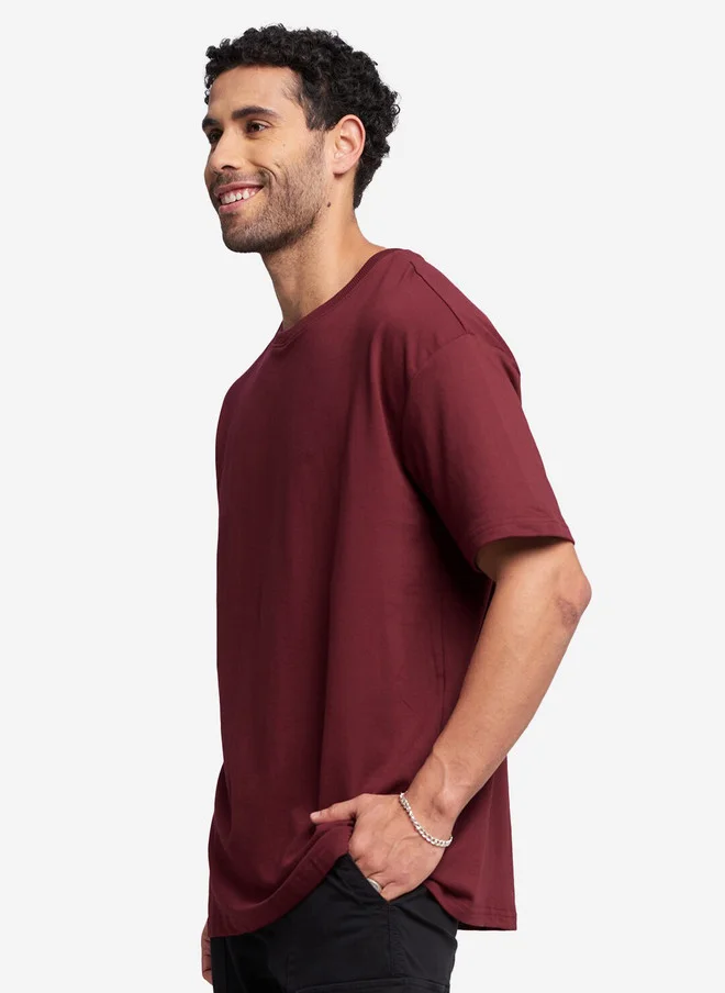 The Souled Store  The Souled Store Men Maroon Solid Cotton Oversized Fit T-Shirt  | Best Price UAE