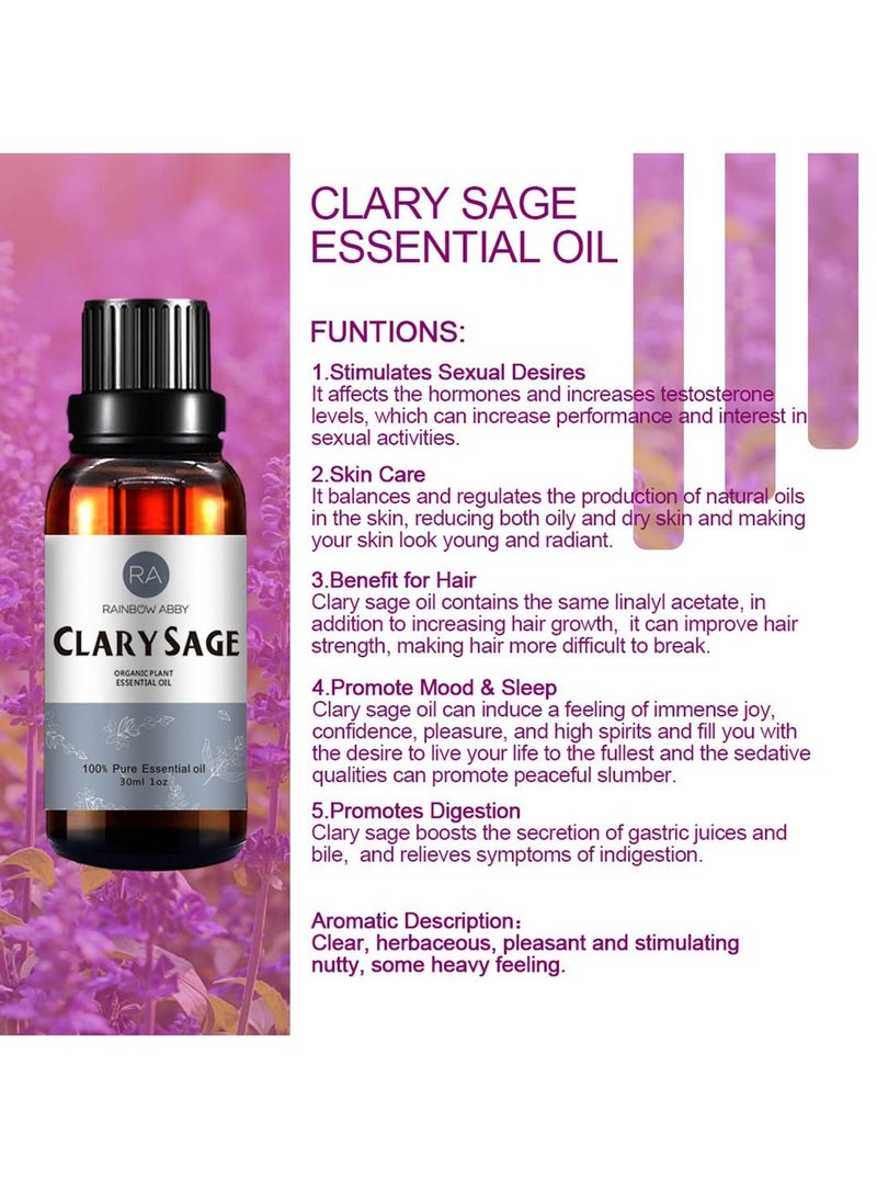 Rainbow Abby - Clary Sage Essential Oil (30ML), 100% Pure Natural Organic Aromatherapy Clary Sage Oil for Diffuser, Massage, Skin Care, Yoga, Sleep - Image 1