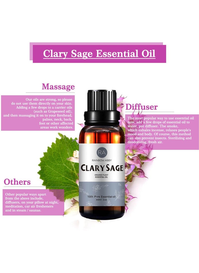 Rainbow Abby - Clary Sage Essential Oil (30ML), 100% Pure Natural Organic Aromatherapy Clary Sage Oil for Diffuser, Massage, Skin Care, Yoga, Sleep - Image 1