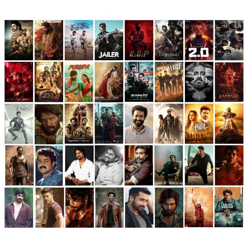 auraposter South Indian Movie Posters (Set Of 40) | Tollywood Mini Posters (15 X10 Cm) | Allu Arjun, Prabhas For Wall, Bedroom, Living Room | South Indian Actors | Glue Dots Included - Image 1