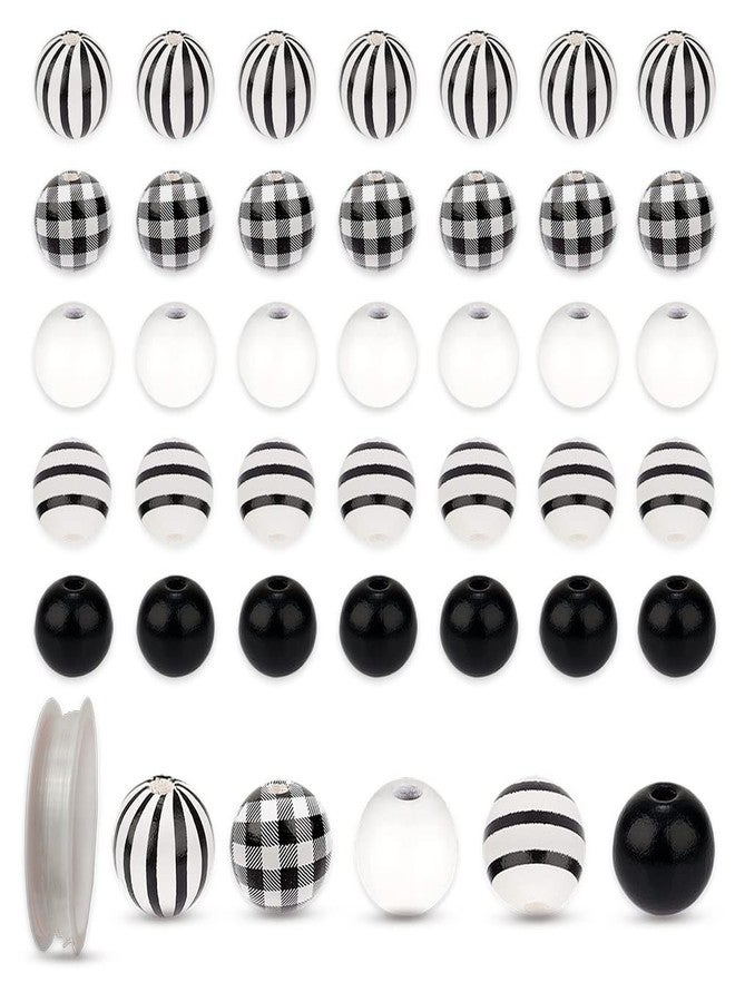 Metulip 150 Pcs Black & White Wooden Beads - 16mm Farmhouse Buffalo Wood Spacer Strip Plaid Beads for Craft & DIY Keychain Making - Image 1