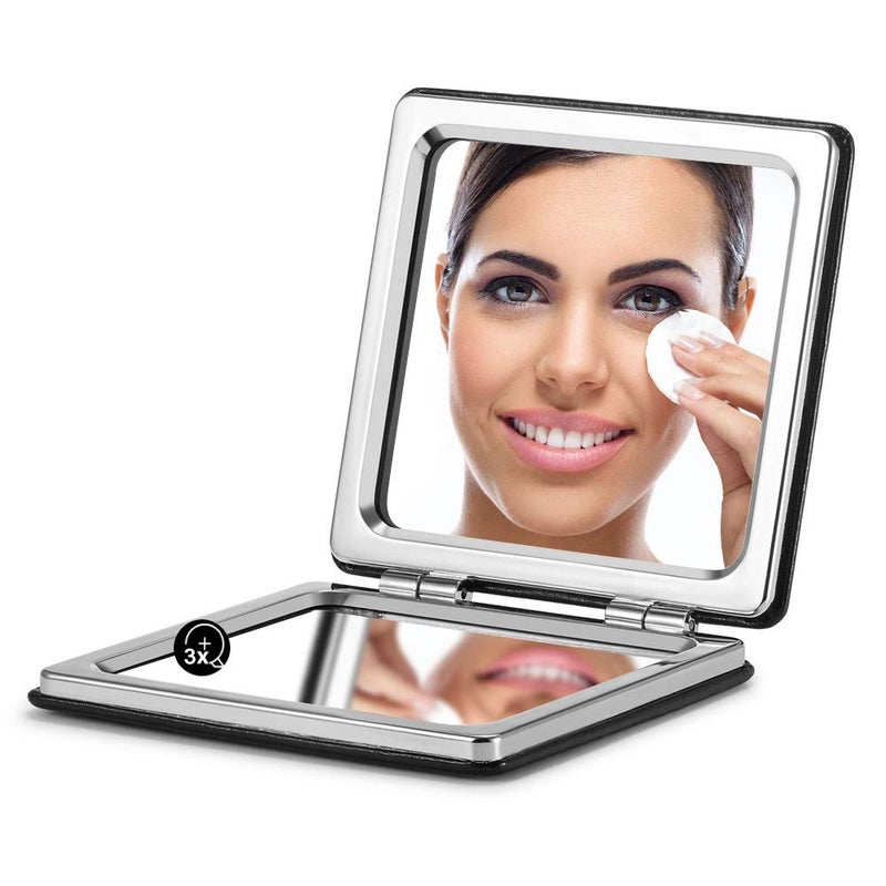 OMIRO Compact Mirror, Classical PU Leather 1X/3X Magnification, Pocket Ultra Portable for Purses and Travel (Black) - Image 1