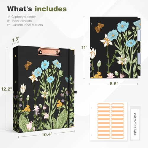 Ospelelf Binder 3 Ring 1 Inch, Floral Round Ring Clipboard Binder for Letter Size with 5 Tab Dividers, File Folder Labels, for School and Office Supplies - Image 3