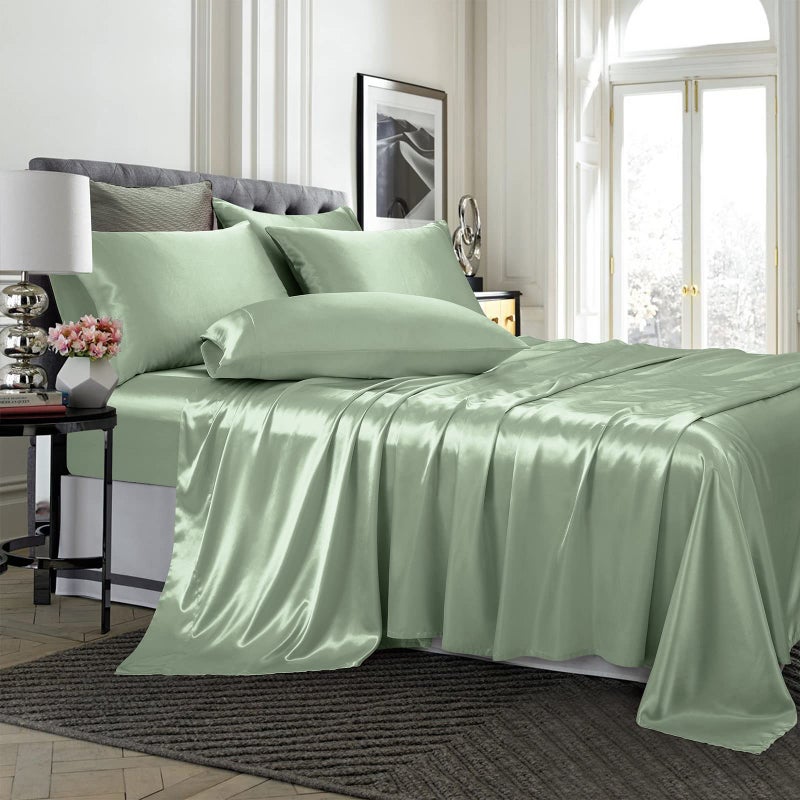 TREELY 6 Piece Queen Size Satin Sheets Set  Silky Smooth Sage Green With Deep Pocket Fitted Sheet Flat Sheet 4 Pillowcases