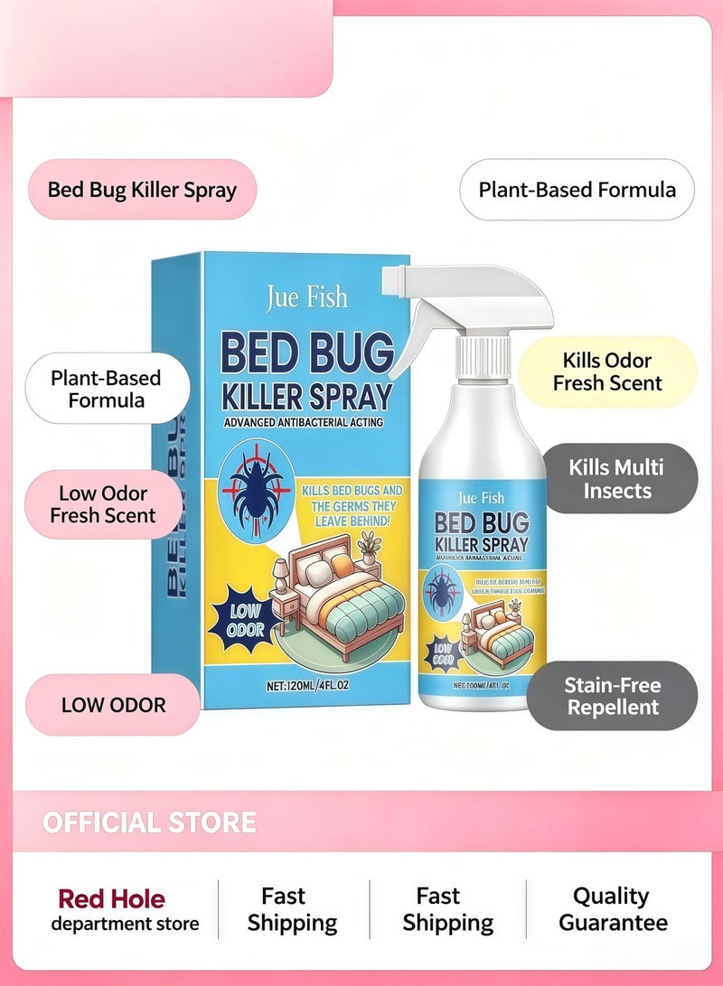 JUE-FISH Household Bed Bug Killer Spray, 120ml, Plant-Based Formula, Low Odor, Kills Cockroaches, Flies, Fleas, Fresh Scent, Stain-Free Insect Repellent - Image 1