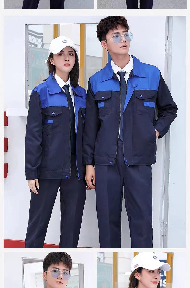 Spring and Autumn single top overalls mens wear-resistant welding auto repair labor protective clothing factory workshop engineering long sleeve color matching shoulder Purplish blue single top under basket 