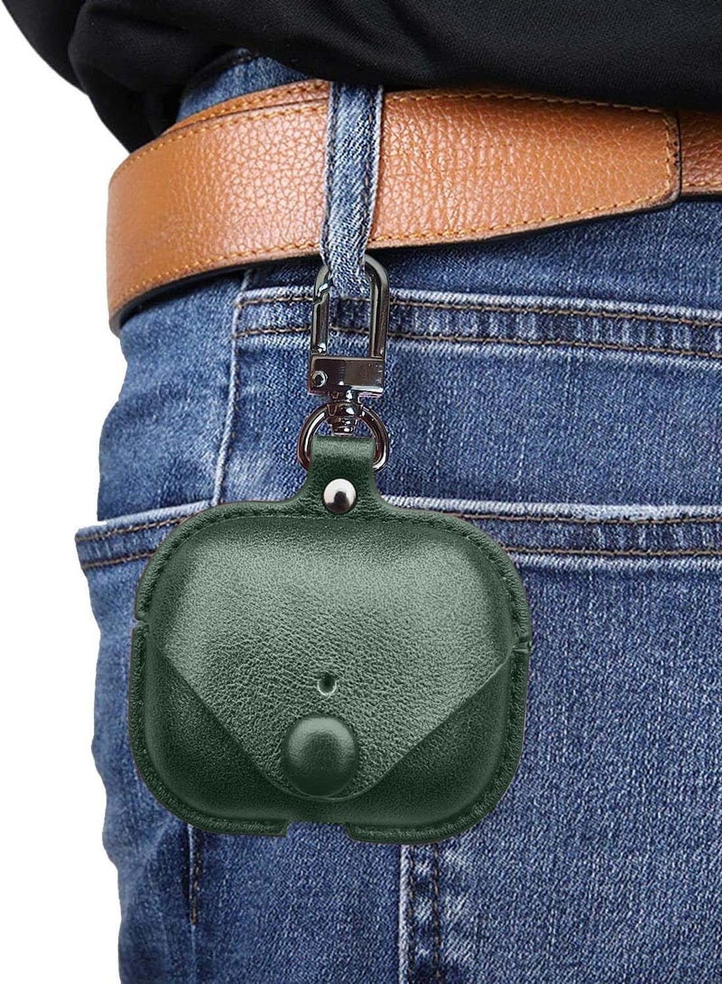 Wtech - Apple Airpods 4 Genuine Leather Vintage Portable Shockproof Protective Cover With Loss Prevention Clip - Dark Green - Image 1