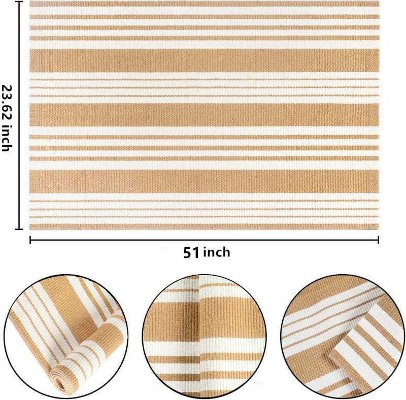 BUAGETUP Khaki and White Striped Outdoor Rug 24'' x 51'' Front Porch Rug Hand-Woven Machine Washable Indoor/Outdoor Layered Door Mats for Entryway/Bedroom/Outdoor - Image 2