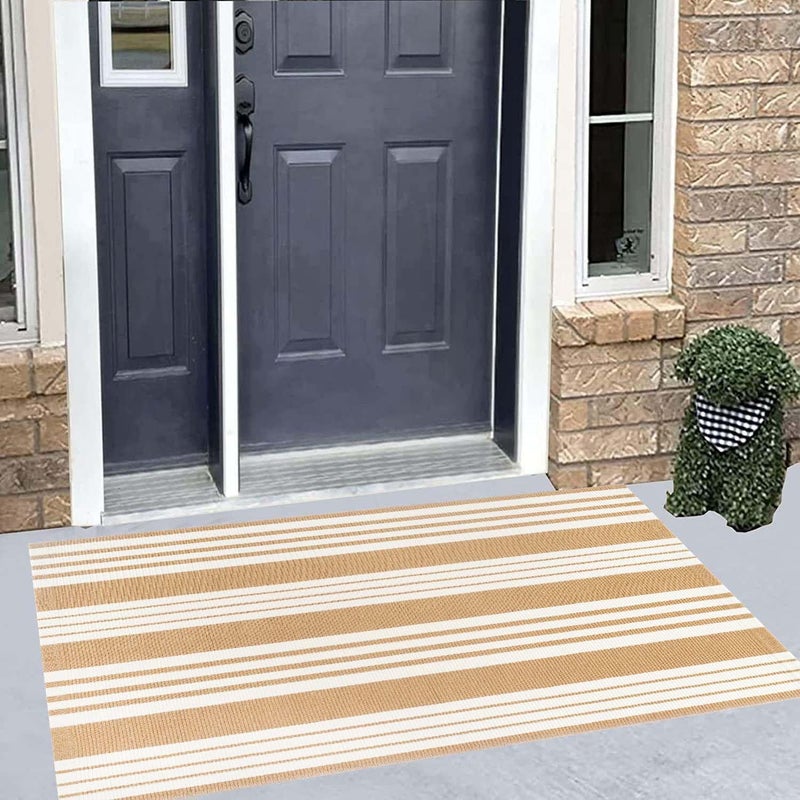 BUAGETUP Khaki and White Striped Outdoor Rug 24'' x 51'' Front Porch Rug Hand-Woven Machine Washable Indoor/Outdoor Layered Door Mats for Entryway/Bedroom/Outdoor - Image 5