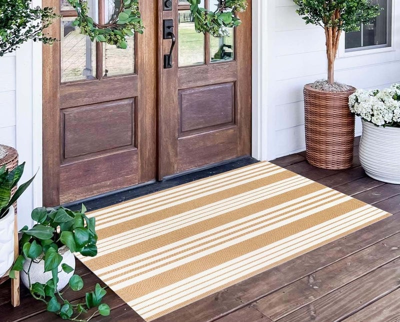 BUAGETUP Khaki and White Striped Outdoor Rug 24'' x 51'' Front Porch Rug Hand-Woven Machine Washable Indoor/Outdoor Layered Door Mats for Entryway/Bedroom/Outdoor - Image 1