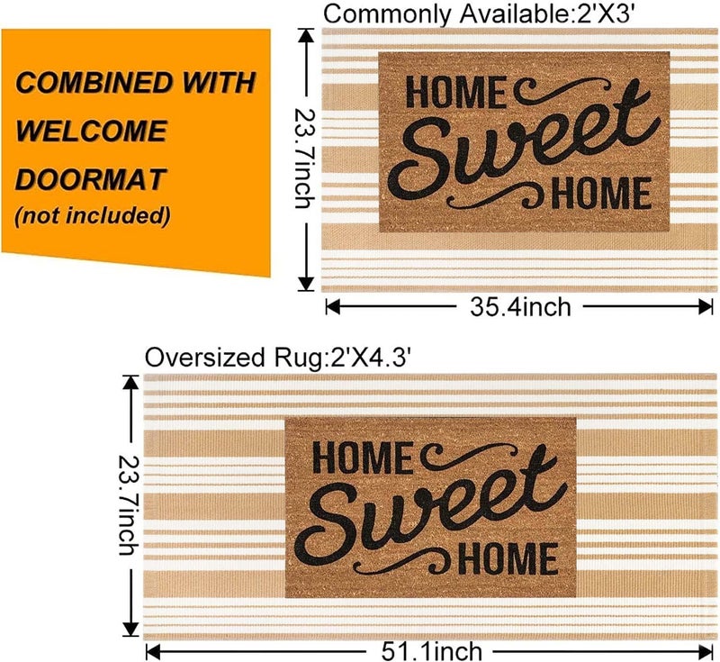 BUAGETUP Khaki and White Striped Outdoor Rug 24'' x 51'' Front Porch Rug Hand-Woven Machine Washable Indoor/Outdoor Layered Door Mats for Entryway/Bedroom/Outdoor - Image 3