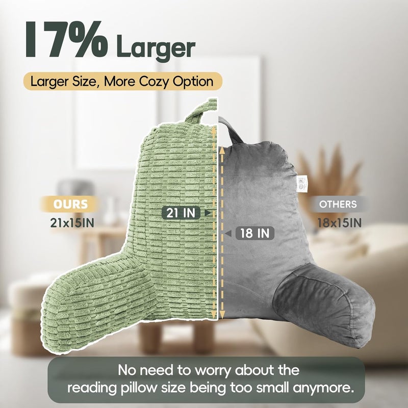 LUISOF 21" Higher Large Reading Pillow for Bed Adult, Back Pillow for Bed Sitting Up with Memory Foam Back Support with Arms Rest for Couch Chair Green - Image 3
