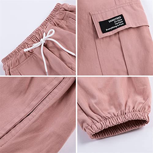 SANGTREE Girls Cargo Pants, Elastic Waist Drawstring Loose Tapered Multi Pockets Cargo Jogger Pants for Girl, Pink,7-8 Years Big Kid = Tag 140 - Image 5
