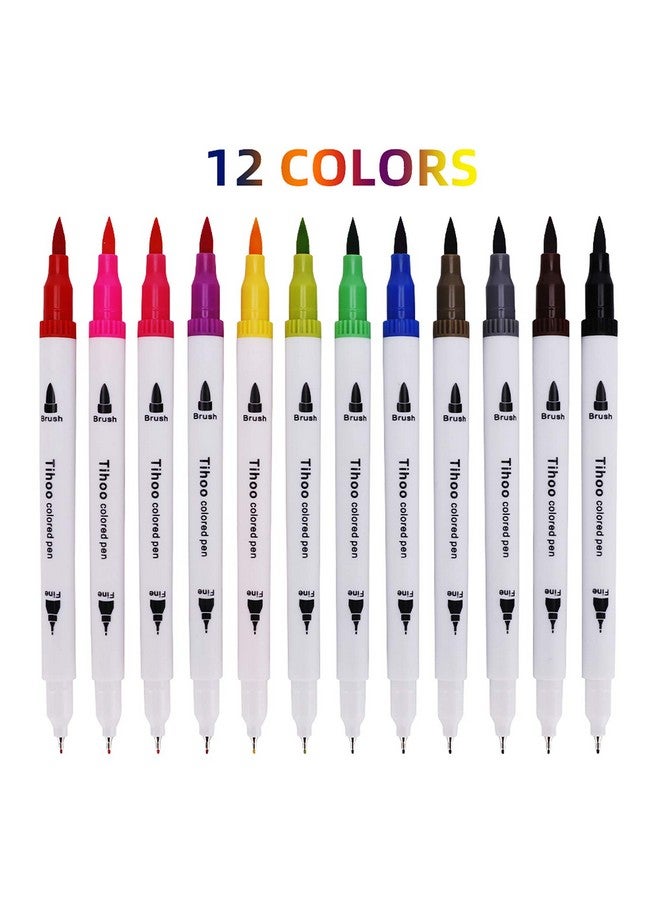 Tihoo Dual Tip Brush Markers, 12 Colors Art Pens Set with Fine Tip and Brush Tip, Artist Watercolor Pens for Kids Adult Drawing Illustration Noting Hand Lettering Calligraphy, Felt Tip Journal Pens - Image 2