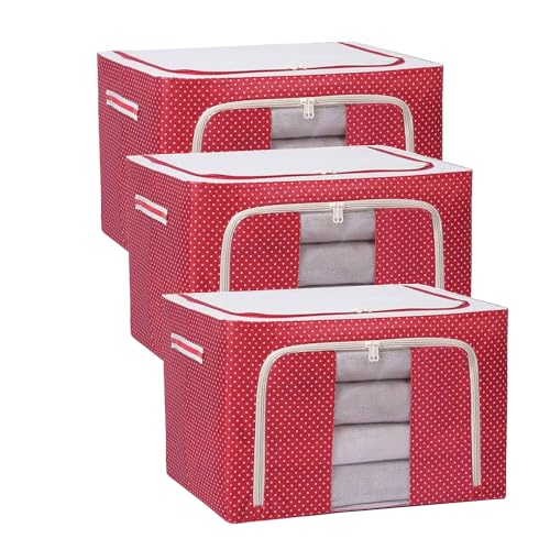 Raggle 4PCS polycotton Clothes Storage Organizer Bins, Foldable Storage Bins-Cloth Steel Frame Storage Box with Foldable Clear Window & Reinforced Handles (Red, 66L-4) - Image 1