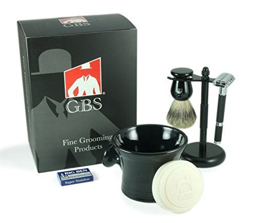 GBS Mens Shaving Set Butterfly Open Double Edge Razor Shave Brush with dual stand Shaving Mug with Knob Handle Natural Shave Soap 10 Replacement Razor Blades