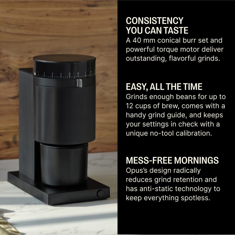 Fellow Opus Conical Burr Coffee Grinder - All Purpose Electric - Espresso Grinder with 41 Settings for Drip, French Press, & Cold Brew - Matte Black - Image 2