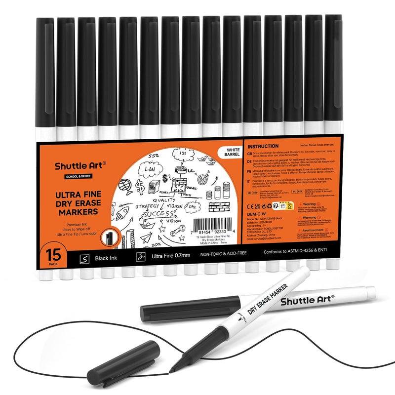 Shuttle Art Ultra Fine Dry Erase Markers, 15 Pack Black Whiteboard Markers with Erase, Dry Erase Markers Perfect For Writing on Whiteboards, Dry-Erase Boards,Mirrors for School Office Home - Image 1
